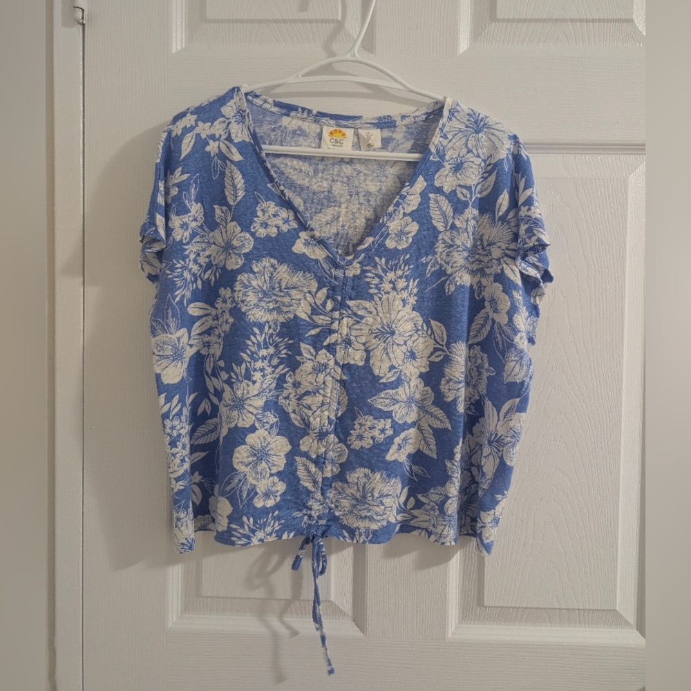 C&C California 100% Linen Blue Floral Cinched Front Crop Top V-Neck Boho Large L